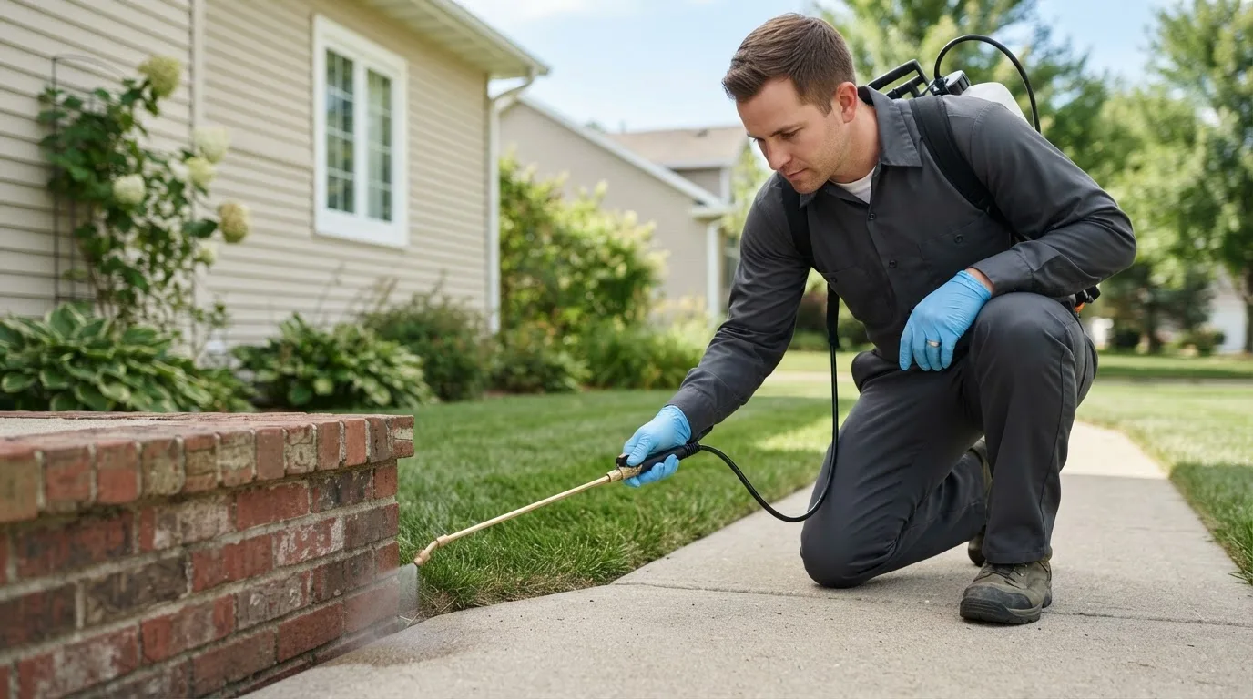 Pest control technician treating a home near Clarence, MO